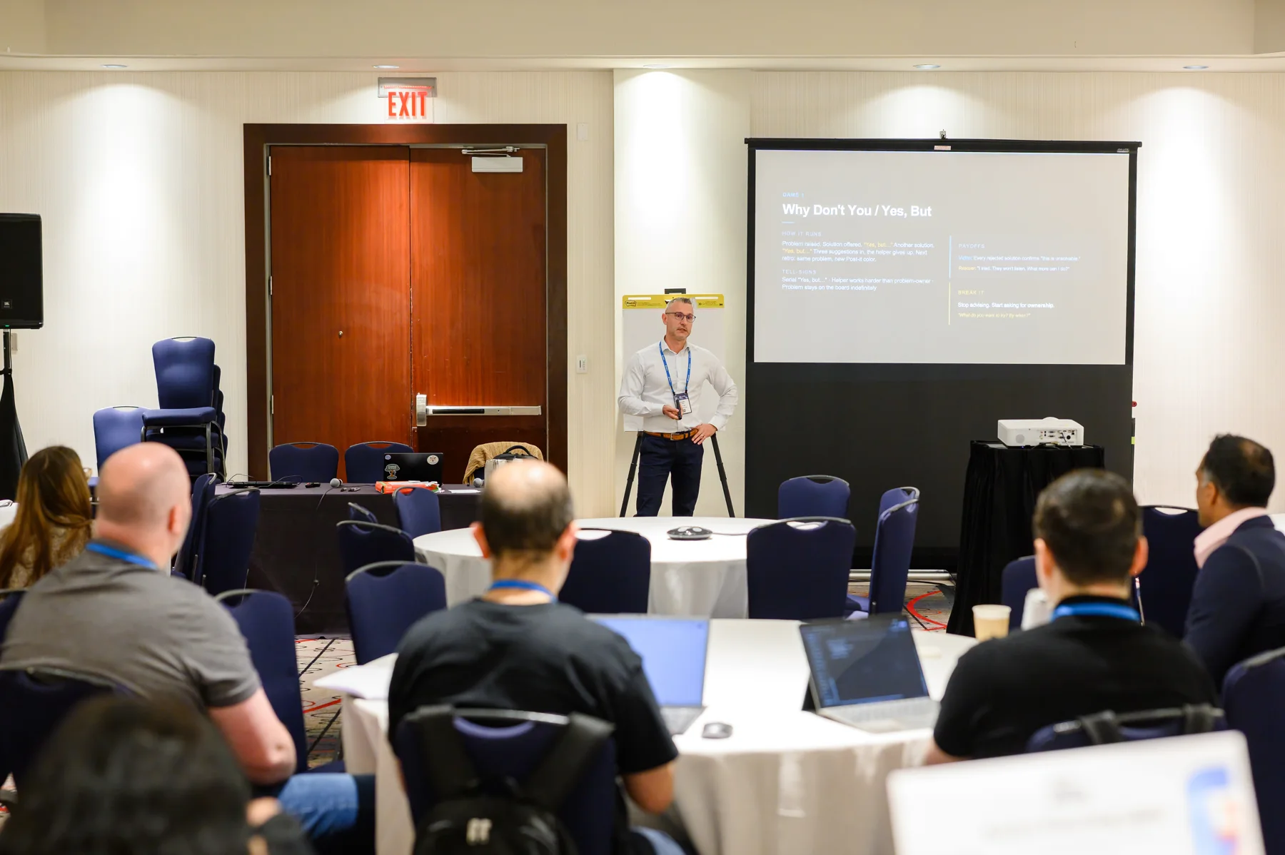 Roman presenting Stop the Drama to an audience at Global Scrum Gathering Vancouver.